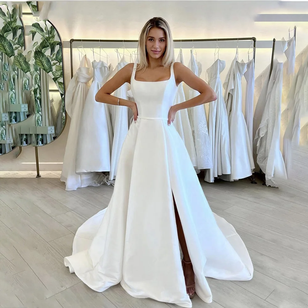 

Simple Wedding Dress For Women Square Collar Side Split A-Line Bride Gown Satin Sweep Train Spaghetti Straps Vestido De Noiva