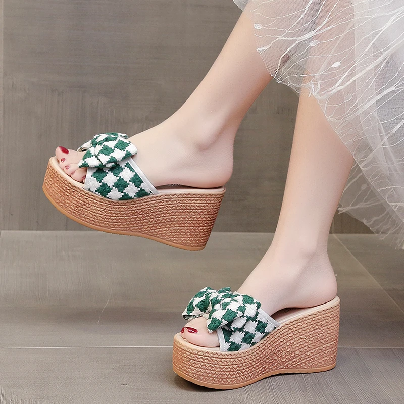 

2022 New Women Slippers Sweet Bow Women Open Toes Summer Sexy Flower Shoes High Heel Slippers Women Slides Platform Wedges Shoes