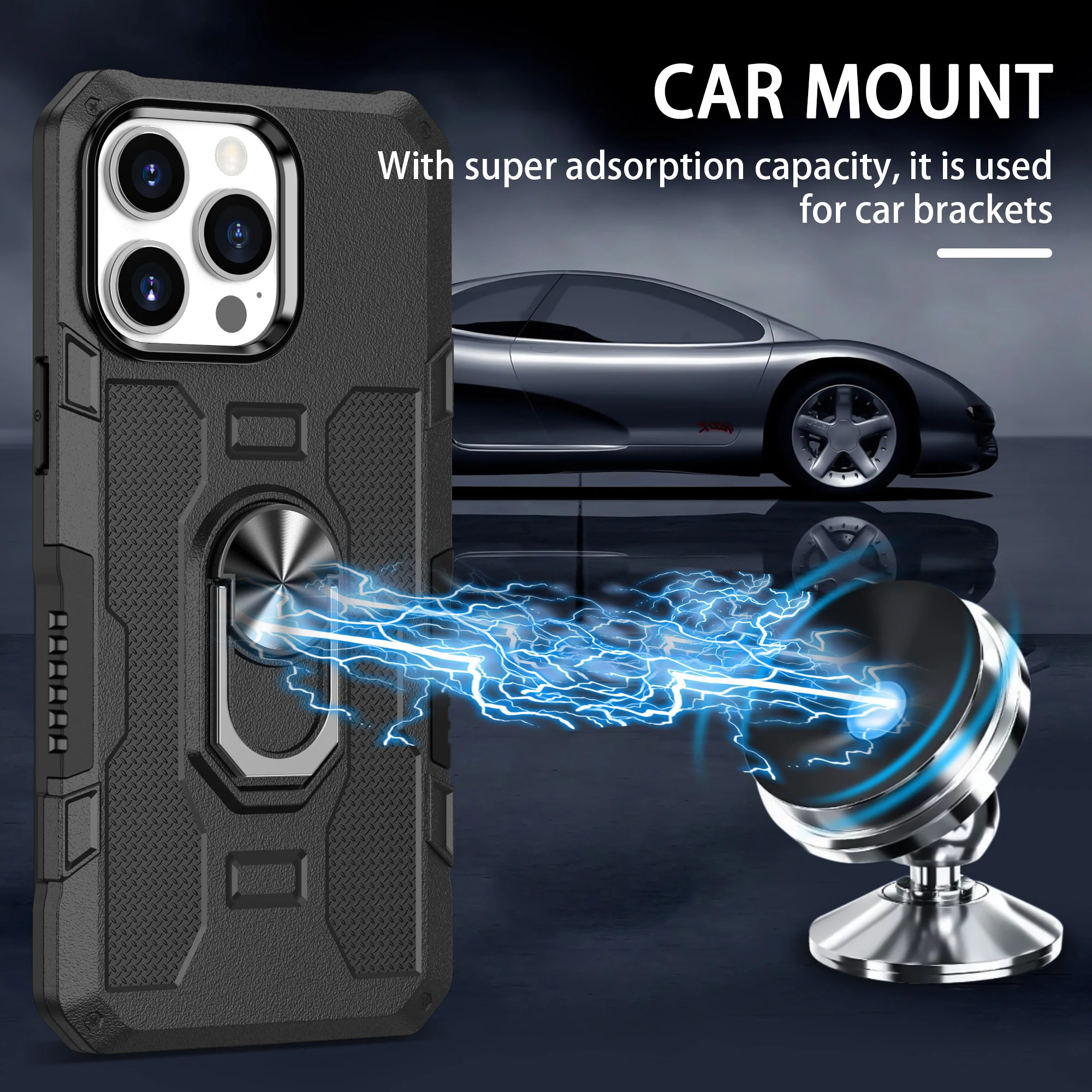 

Magnetic Case for iPhone 14 Pro Max Support Car Holder Luxury Phone Case with Ring Kickstand Cover with Camera Lens Bumper Frame