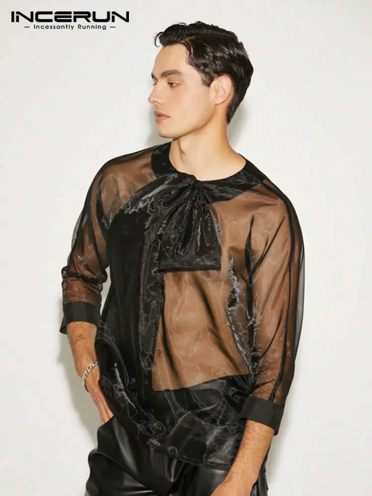 Fashion Casual New Men Organza Thin Blouse Stylish See-through Loose Comfortable Lap Long Sleeve Shirts S-5XL INCERUN Tops 2022