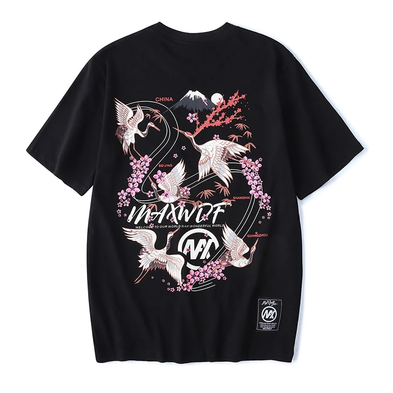 

Chinese Hip Hop Men T Shirt Streetwear Harajuku Tshirt Floral Crane Embroidery Summer Cotton Short Sleeve T-Shirt