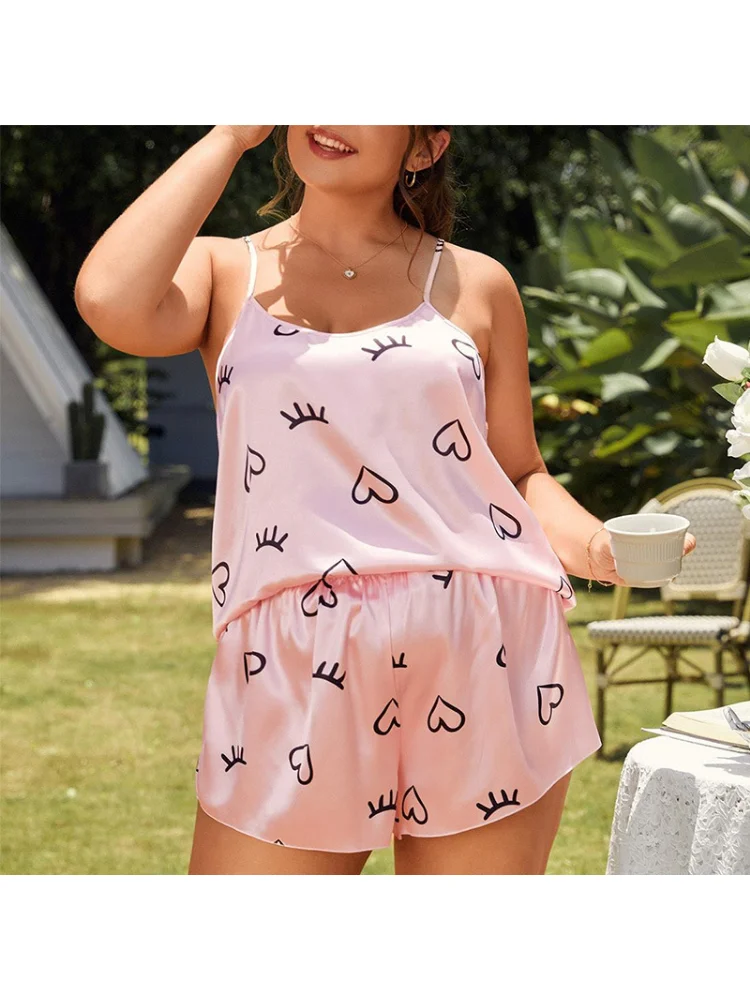 Pajamas cartoon love loungewear, casual loose home suspender shorts set plus size feminino 2 pieces set