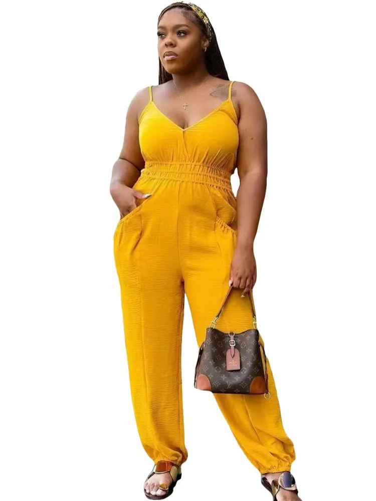 

Big Size Women Suspender Cotton Linen Jumpsuit Summer One Piece Outfits Sleeveless Overalls Romper Balck Loose Jumpsuits