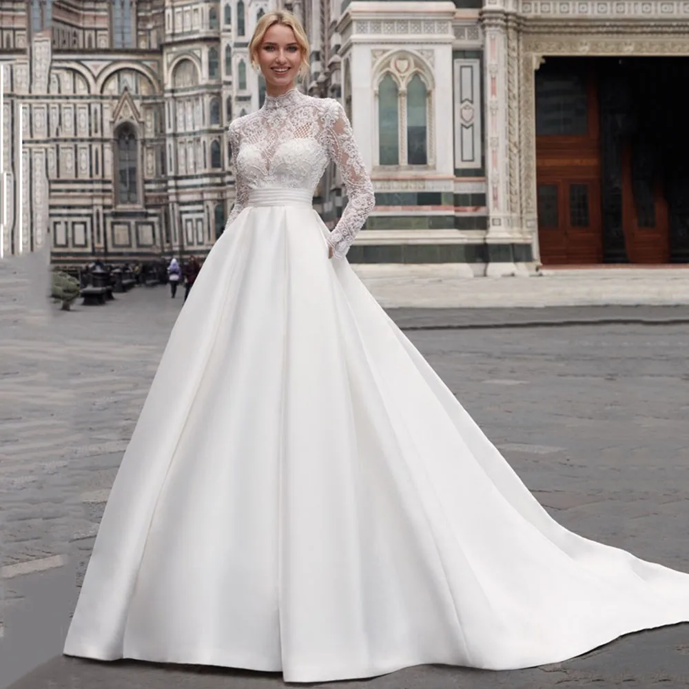 Купи Charming Lace Wedding Dresses For Women A Line High Neckline Long Sleeves Bride Gown Satin Vestido De Noiva Court Train за 8,325 рублей в магазине AliExpress