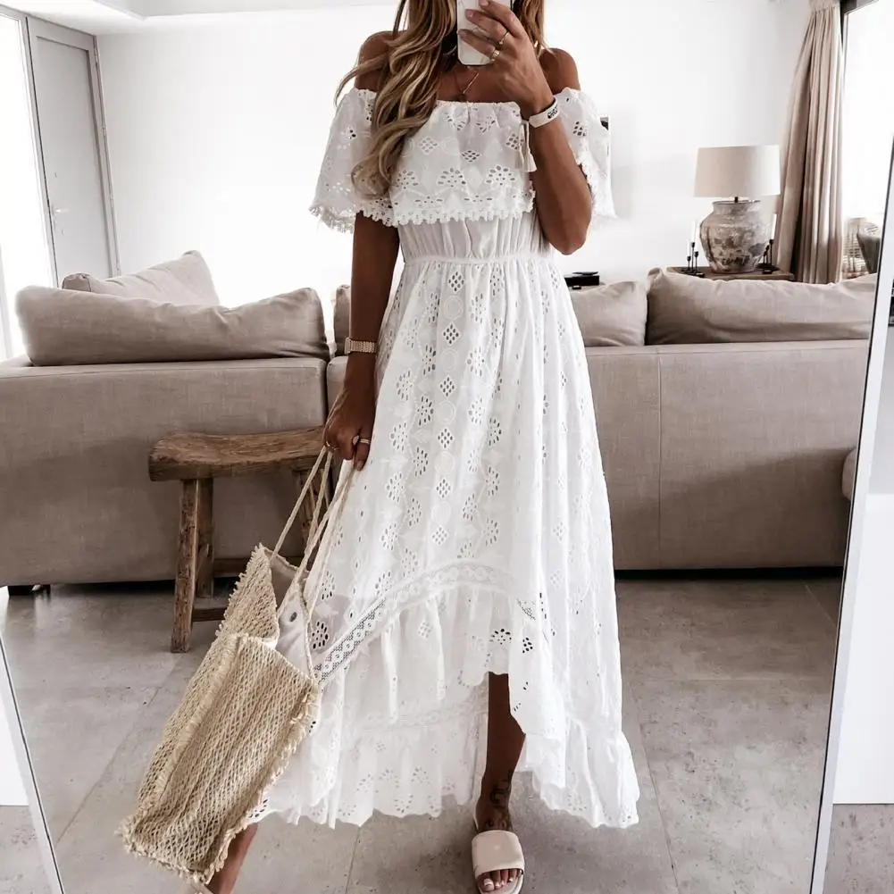 

White robe femme été Bandeau Elastic Waist High Low Hemline Long Dress Hollow Lace Off Shoulder Maxi Dress vestidos