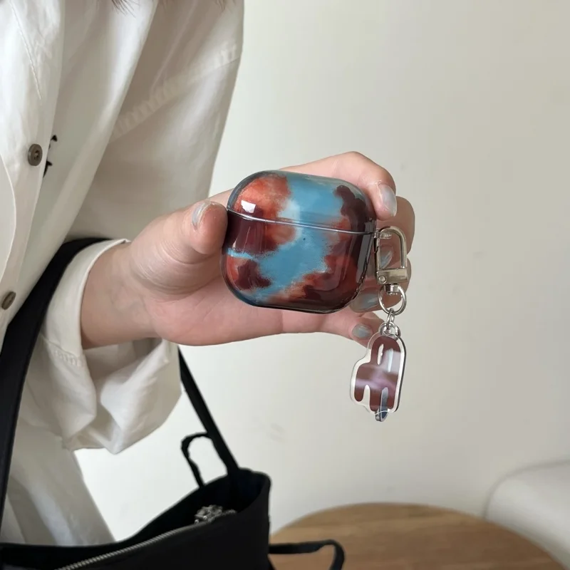 Портативный сине-коричневый чехол для наушников с янтарным узором и крючком Apple