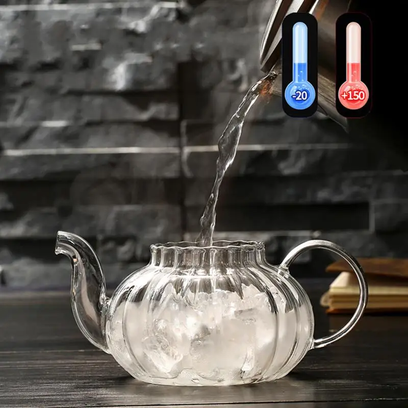 1Pc Transparent Hand-Crafted Pumpkin-Shape Tea Pot Glass Kettle for Office Store | Coffee Pots