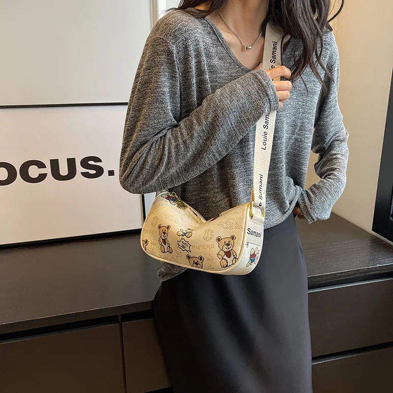 Senior Design Sense Diagonal Span Bag Female PU Cartoon Bear Print Single Shoulder Bag Women's Handbag
