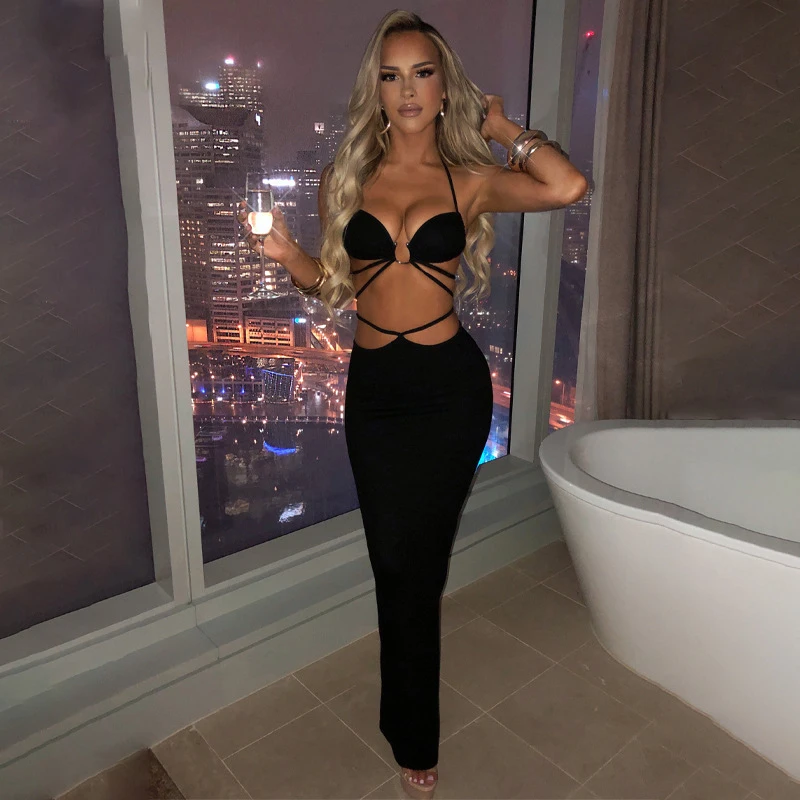 

Casual Women Dress Beach Shirt Winter Vintage Clothes New Sexy Backless Lace Up Neck Vest Slim Skirt Suit Patchwork Polyester