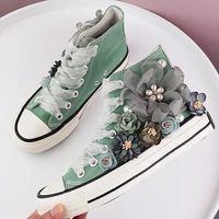 high top flower women canvas shoes beading lady shoes autumn korean casual sneakers sider zipper