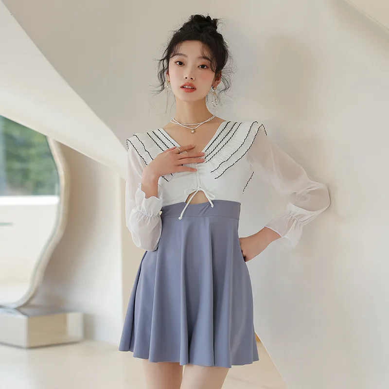 

Новинка 2023, Цельный купальник с длинными рукавами, Женская консервативная большая юбка, прикрывающая тонкую маленькую грудь, популярный весенний купальник