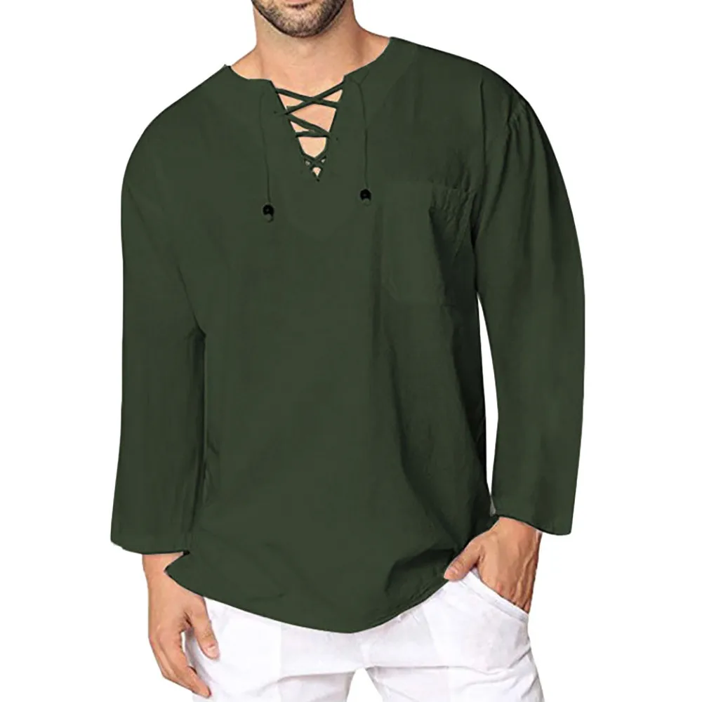 New Solid Color Cotton Linen Men's Shirts New Long Sleeves Casual Lace Up Shirts Men Lightweight Breathable Top Shirts