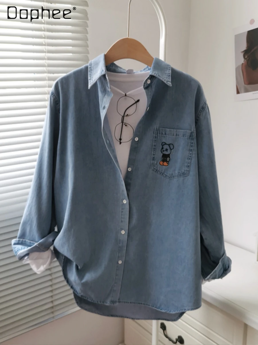 

2022 Autumn New Korean Style Casual Pocket Long Sleeve Denim Shirt Women's Cartoon Embroidered Loose Comfortable female Shirts