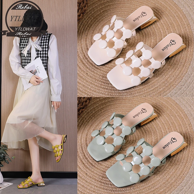 

Slippers Women's 2022 Summer Thick Heels with Hollowed-out Fashion One-word Temperament Sandals Womens Shoes
