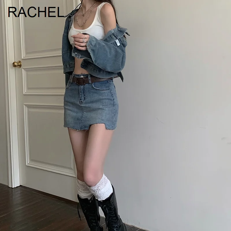 Женская короткая джинсовая куртка с высокой талией |