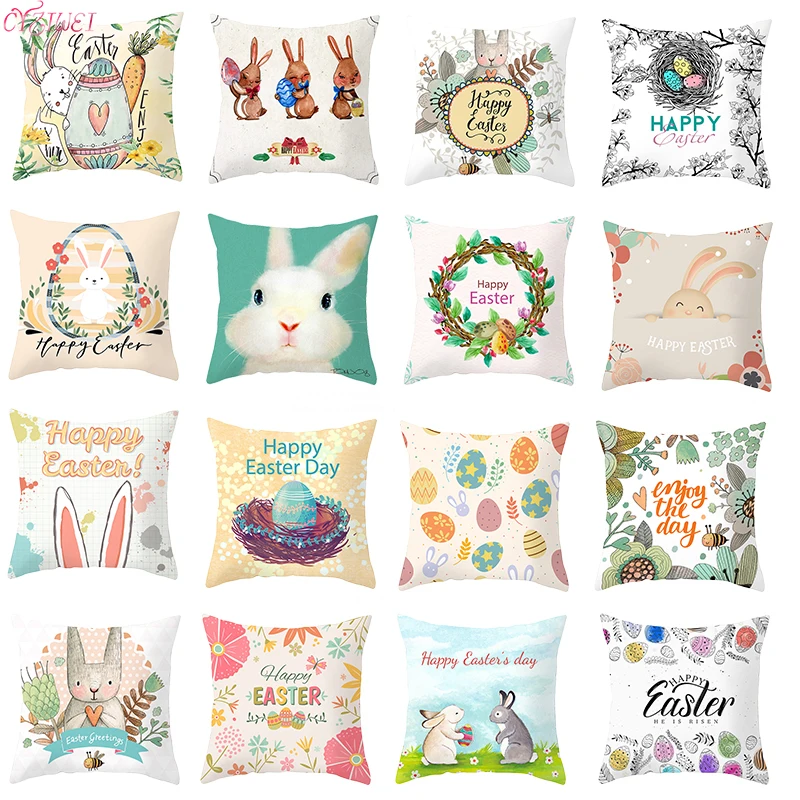 

Happy Easter Cushion Cover Wreath Eggs Easter Bunny Decorative Pillowcase Sofa Car Bed Home Decor Easter Party Pillow Case 45cm