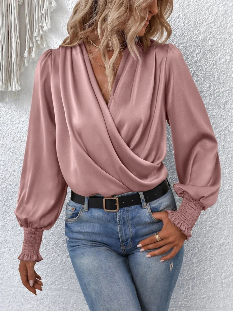 

New Summer Fashion Woman Blouse 2023 Solid V-neck Lantern Sleeves for A Stylish and Stylish Look Shirts and Blouses for Women