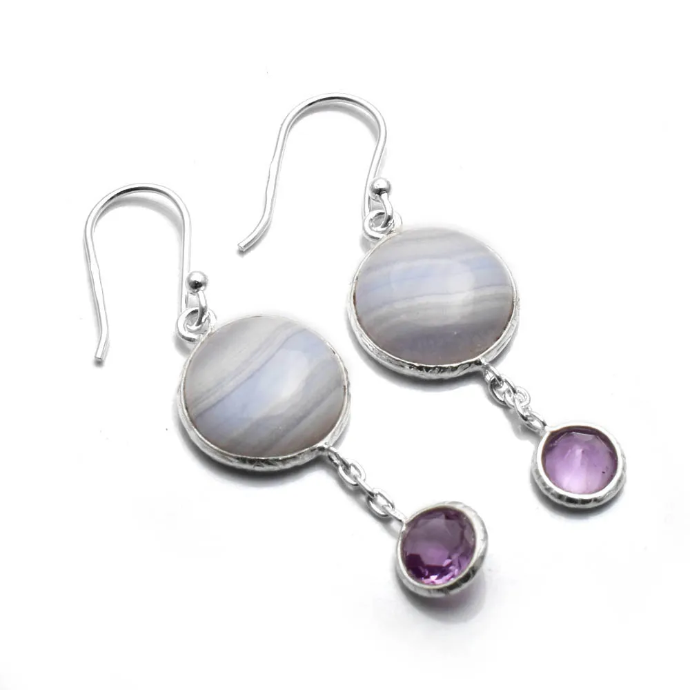 

Genuine Blue Lace Agate Garnet 925 Sterling Silver Earrings, 42 mm, AE2766