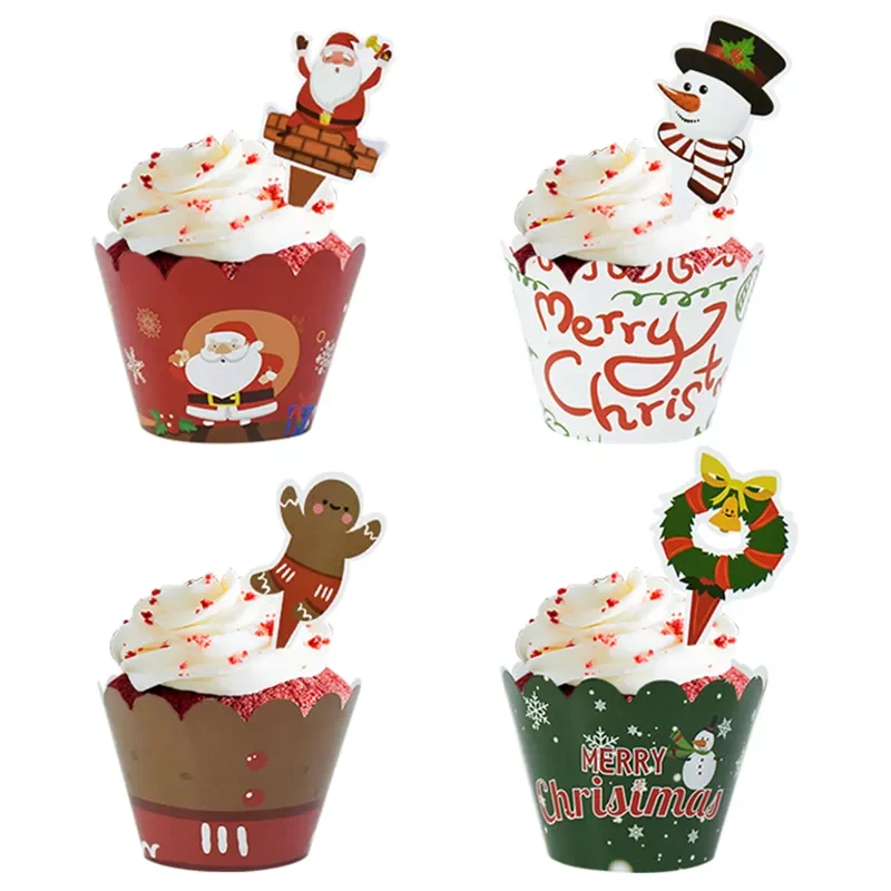 

NEW2022 24pcs Christmas Cupcake Wrapper Santa Claus Snowman Xmas Tree Cake Topper Merry Christmas New Year 2022 Cake Decoration