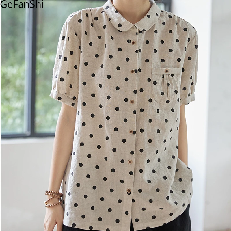 

Женская блузка в горошек, элегантная офисная рубашка из хлопка и льна на пуговицах, повседневный Свободный Топ, темпераментная блузка, весна-лето 2023