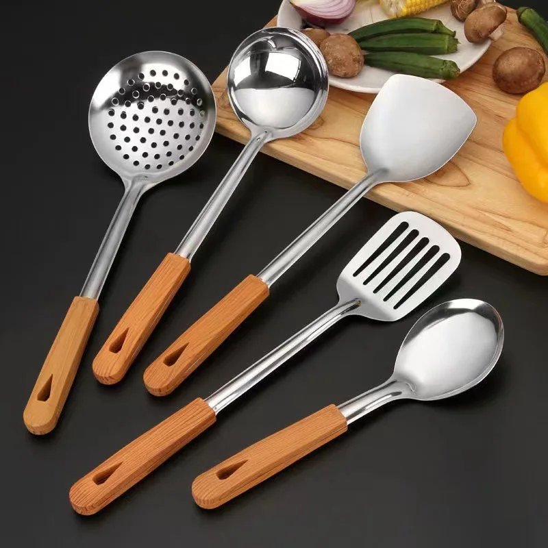 

Stainless Steel Non-stick Cookware Pastry Spatula Wooden Handle Soup Ladle Rice Spoon Hot Pot Colander Kitchen Cooking Utensils