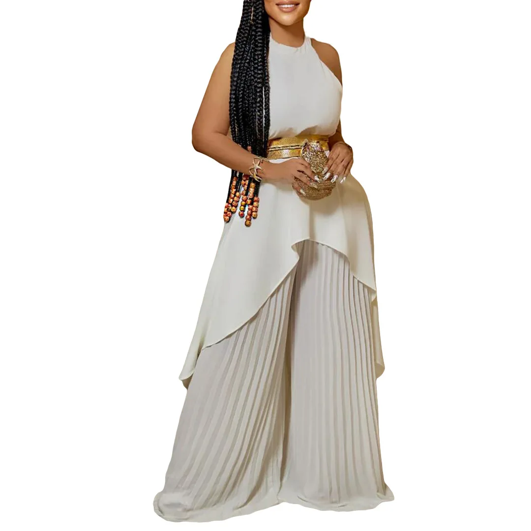 Plus Size Matching Sets Halter Tops And Wide Leg Pants With Belt Female Luxury Fashion Women Clothing 2023 Summer Two Piece Sets