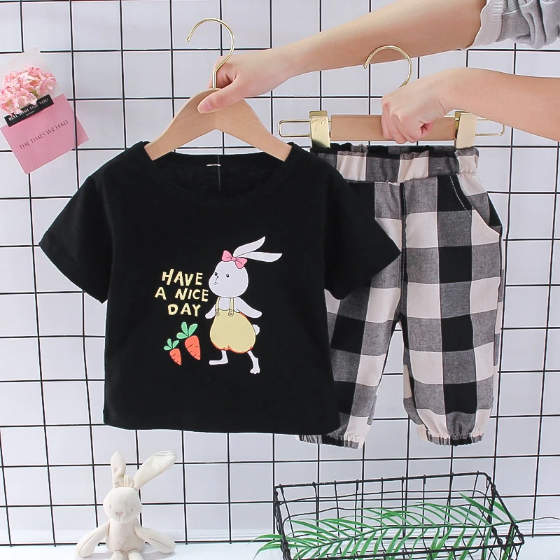 

Комплект одежды для девочек 1-4 лет, футболка с коротким рукавом + штаны в клетку, летняя детская одежда