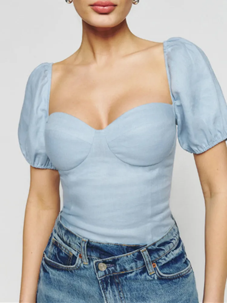 

Women's Backless Zipper Blouse Square Collar Lantern Sleeve 2023 Summer Female Slim Fit Shirt Tops