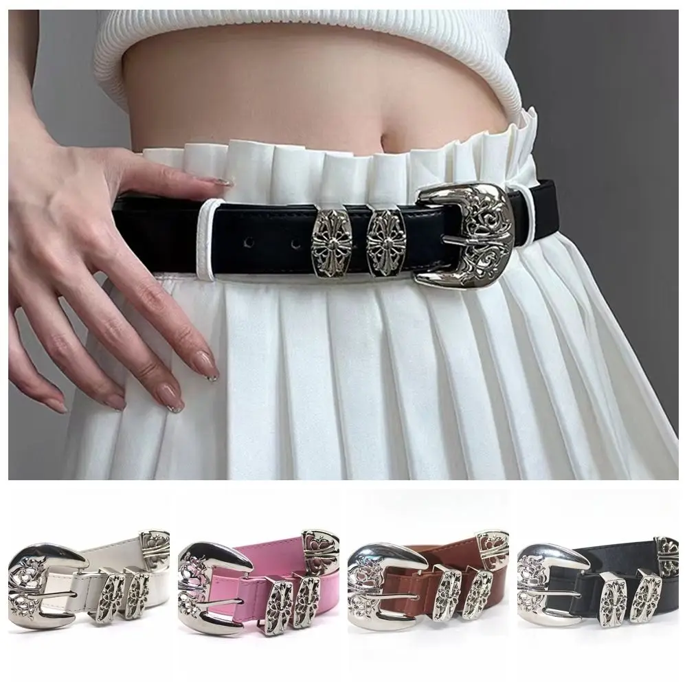 

Alloy Hollow Carved Cross Buckle Belts Punk Pin Buckle PU Leather Korean Style Black Decorative Jeans
