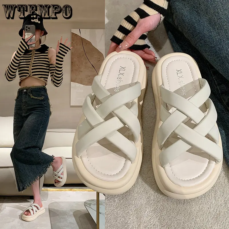 

WTEMPO Sandals Women's Outer Wear Summer Sponge Cake Thick-soled Non-slip Cross-strap Beach Slippers Wholesale Dropshipping
