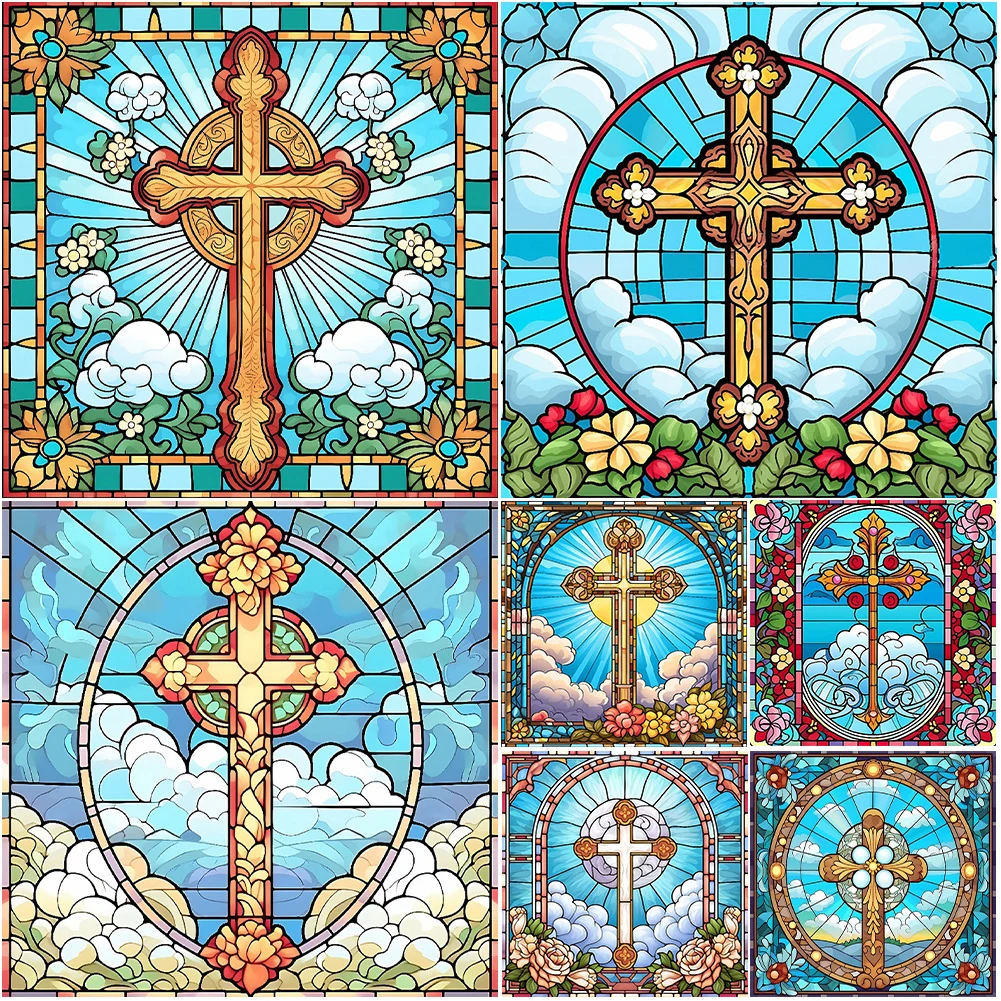 

30*30CM 5D DIY Stained Glass Cross Full Round Drill Diamond Painting Kit Home Decoration Art Craft Mosaic Painting