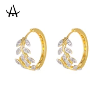 agsnilove advanced leaf hoop earrings 24k gold plated copper fashion jewelry inlaid cubic zirconia womens hoop earrings