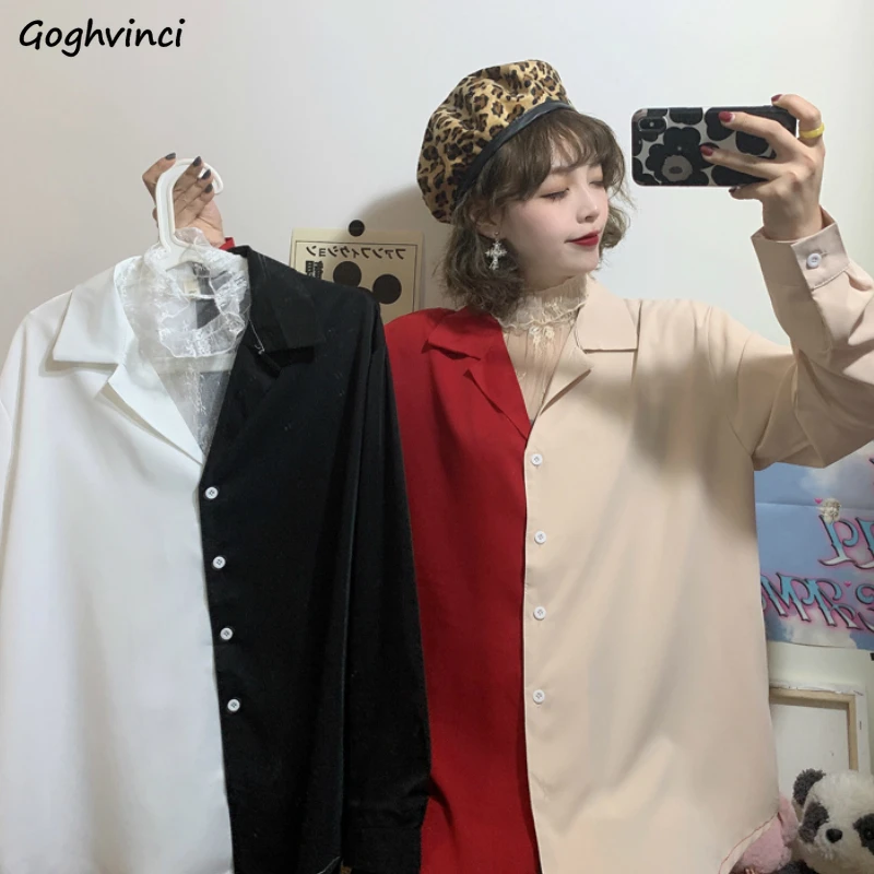 

Blouses Women Patchwork Turn-down Collar Long Sleeve Simple Chic Elegant Womens Shirts Retro Korean Style Casual All-match Slim
