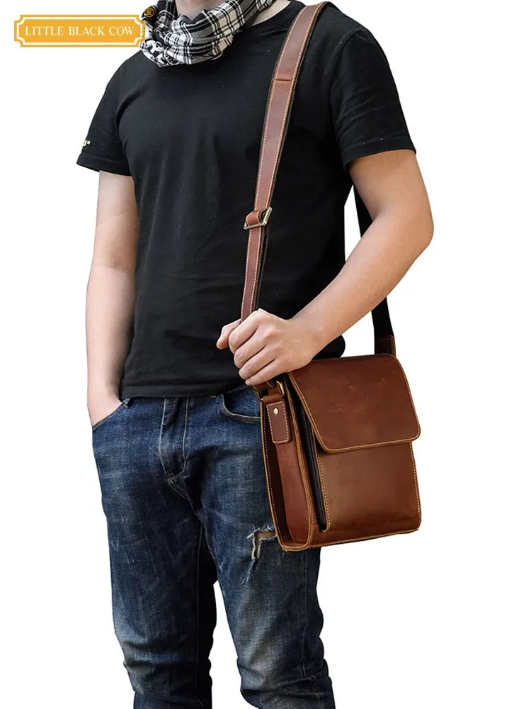 Men Vintage Cowhide Genuine Leather Shoulder Bag Business Casual Work Messenger Bags Man Retro Flap Sling Envelope Crossbody Bag