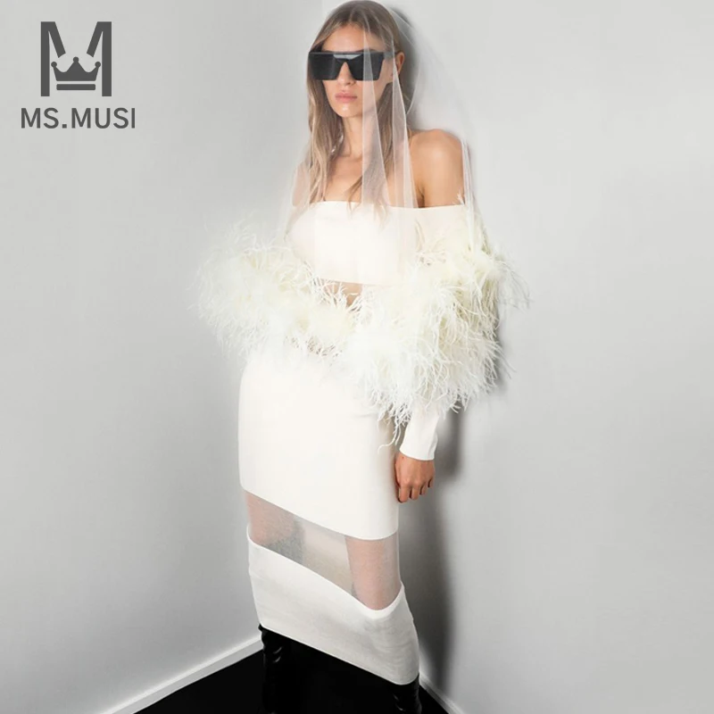 

Новинка 2023, модное сексуальное платье-миди с открытыми плечами, перьями, кружевом и сеткой, с длинным рукавом