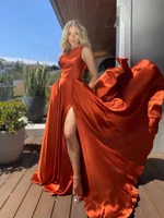 2021 autumn fashion one shoulder orange sleeveless slit big swing homecoming dresses sexy female pure color a line prom vestidos