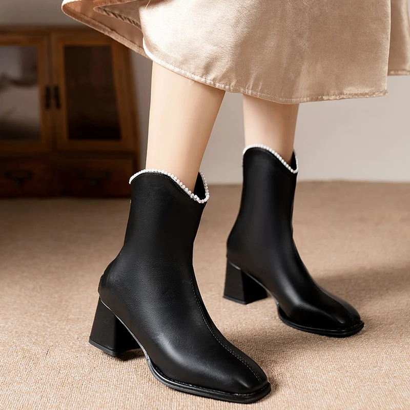 Женские кожаные ботильоны в стиле ретро ботинки на высоком каблуке с квадратным
