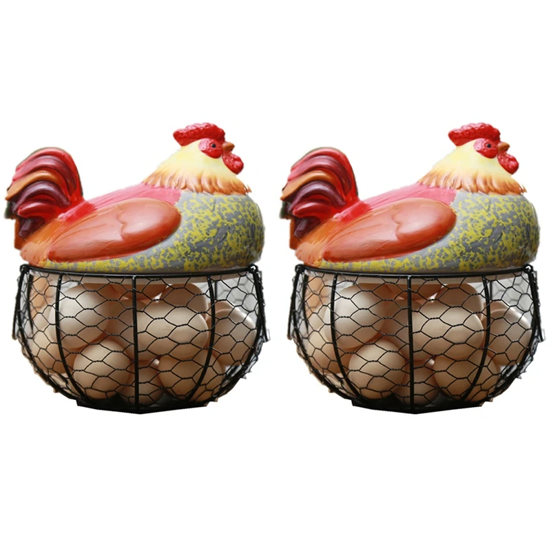 

2X Ceramic Egg Holder Chicken Wire Egg Basket Fruit Basket Collection Hen Ornaments Decoration 19CMX22CM(B)