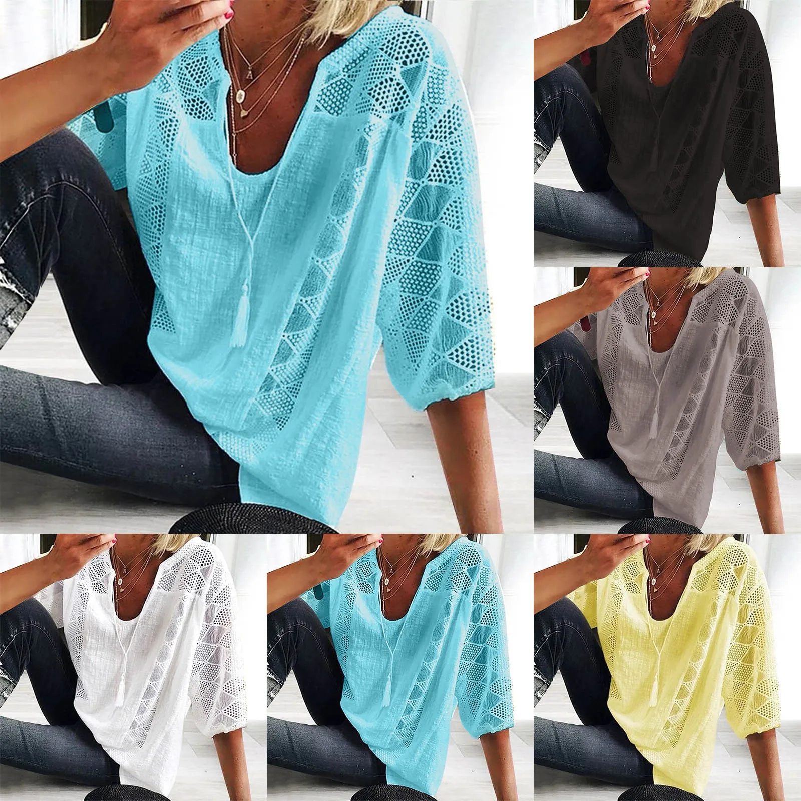 

Women Cotton Linen Blouse U Neck Tassels Solid Color Loose T Shirt Ladies Lace Patchwork Hollow Out Oversized Breathable Blouse