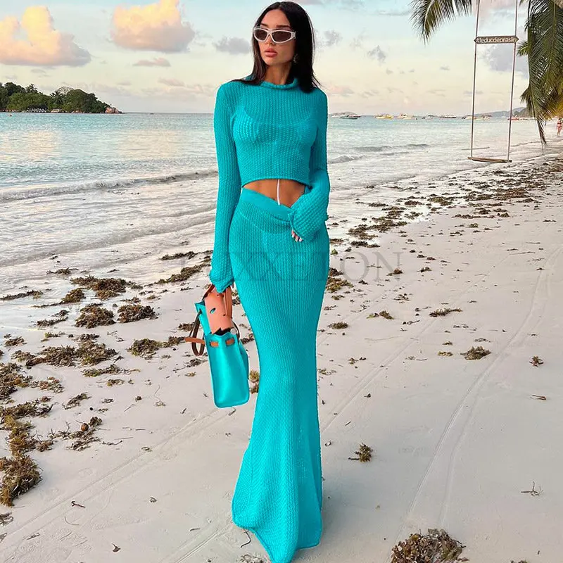 

Sexy Women Knitted Maxi Skirt Set Fashion Blue Long Sleeve Shirt Tops And High Waist Long Dress Suit Autumn Outfits