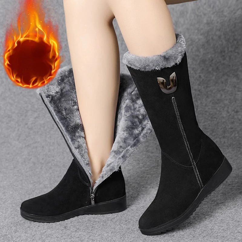 

Winter Fur Warm Chelsea High Boots Women Shoes Chunky Mid-calf Plush Snow Motorcycle Boots ZIP Platform Shoes Botas Femininas