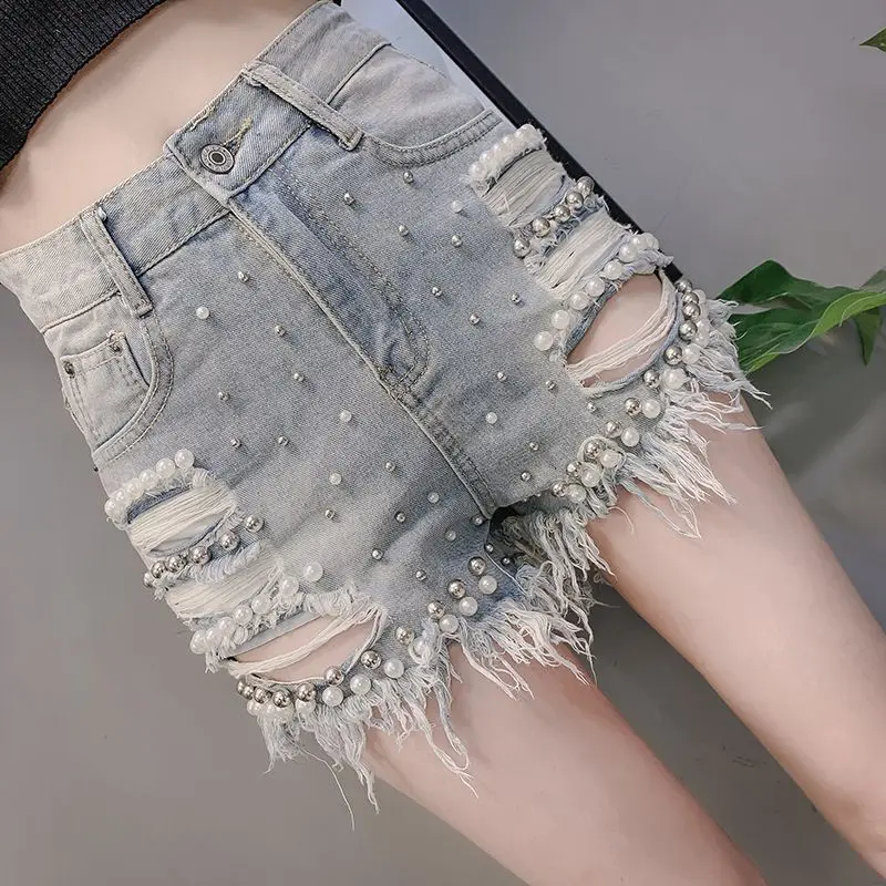 Summer Shorts Heavy Industry Jeans New Solid Color High Waist Beading Hole Button Pocket Raw Edge Hot Pants Female Clothing