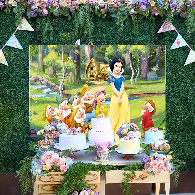 

Cartoon Disney Snow White Girls Princess Seven Dwarfs Fairy Forest Backdrop Happy Birthday Party Decoration Backgrounds Banner