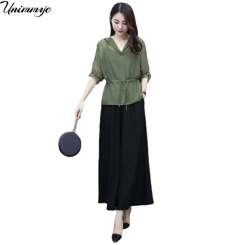 

Women's Suit Casual Summer Two Piece 2022 New Fashion Wide Leg Long Pant short Sleeve Top Korean Style womens Outfits J467