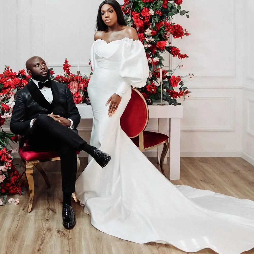 

Classic African Plus Size Wedding Dresses Chapel Train Vestidos De Noiva Satin Off the Shoulder Bridal Gowns 2023