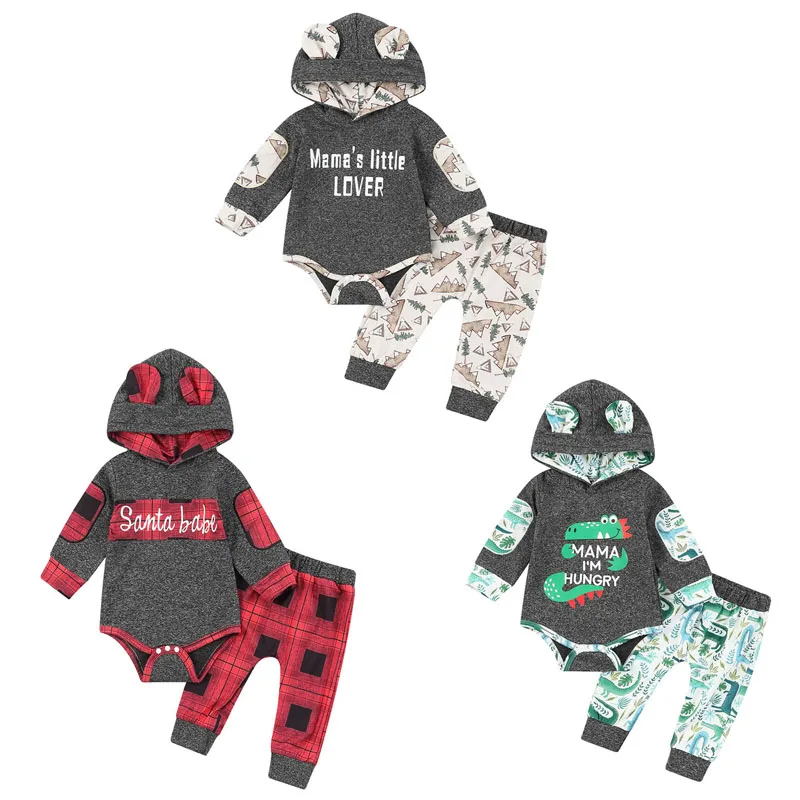 

Newborn Baby's Clothes 2Pcs Plaid Pattern Outfits Contrast Color Letter Print Long Sleeve Hooded Bodysuit Elastic Waist Trousers