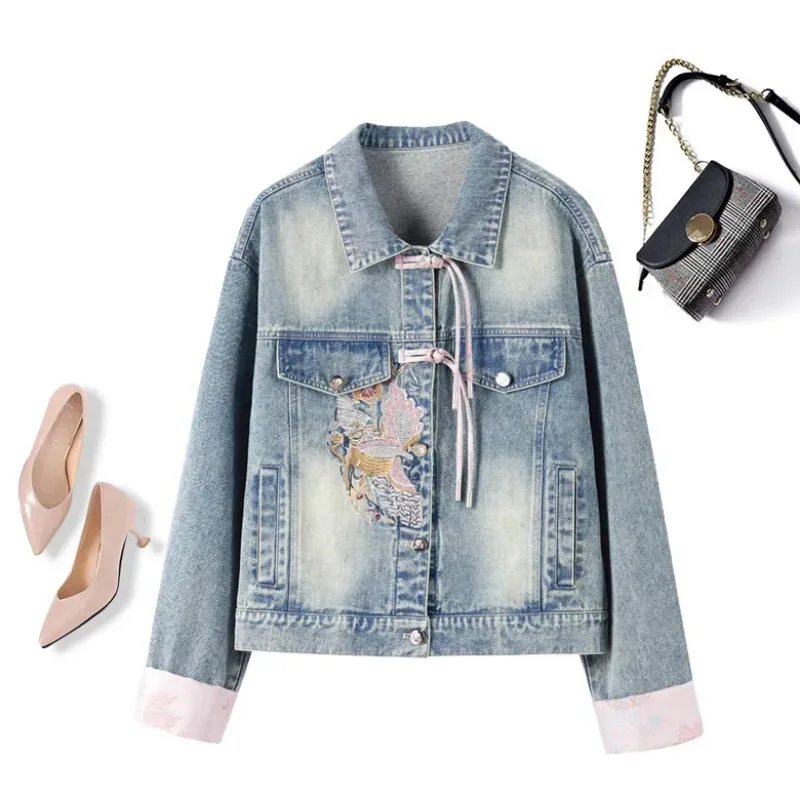 Новая джинсовая куртка с китайской вышивкой женская верхняя одежда весна 2024