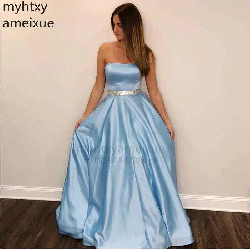 

Long Sexy Custom Light Sky Blue Event Prom Dresses Strapless Evening Gowns Custom Women Mal Party Dress Beaded Sash 2023