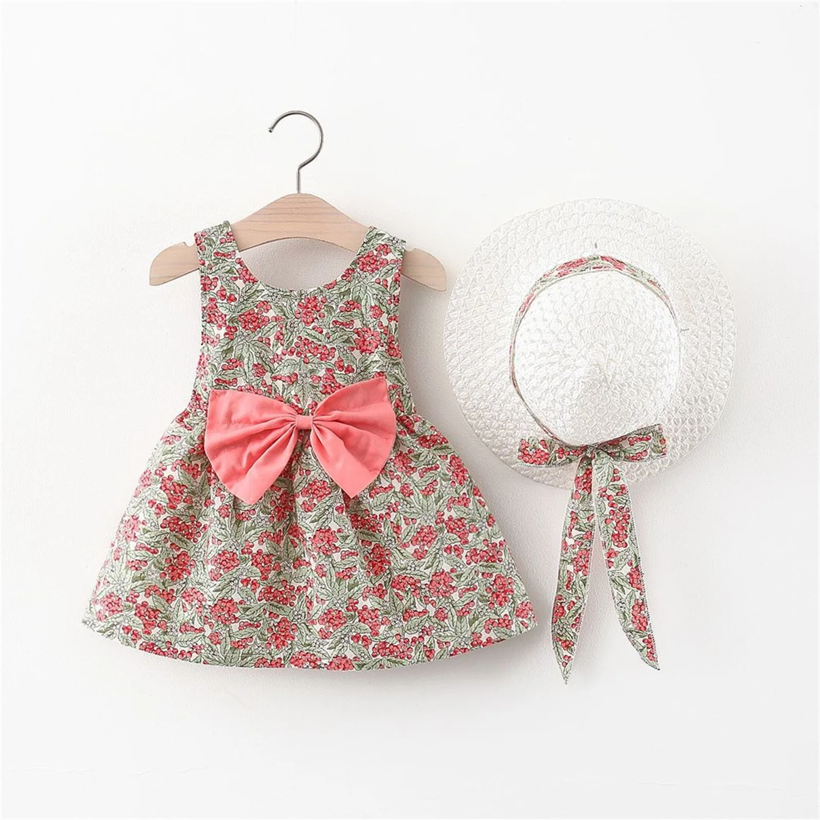

1 2 3 4 Years Toddler Kids Girls Dresses 2022 Summer Sleeveless Flowers Print Bow Party Princess Dress+Hat Sets Infant Outfits