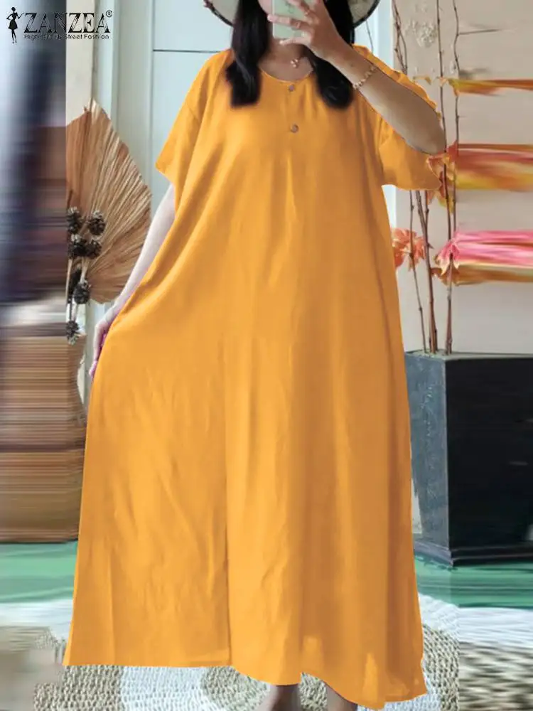

Винтажное летнее платье ZANZEA 2023, простое кафтан, повседневные однотонные халаты, женское праздничное свободное платье миди с коротким рукавом
